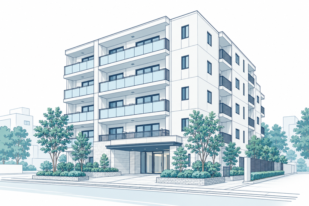 集合住宅の外観と植栽を描いた不動産管理のイメージイラスト