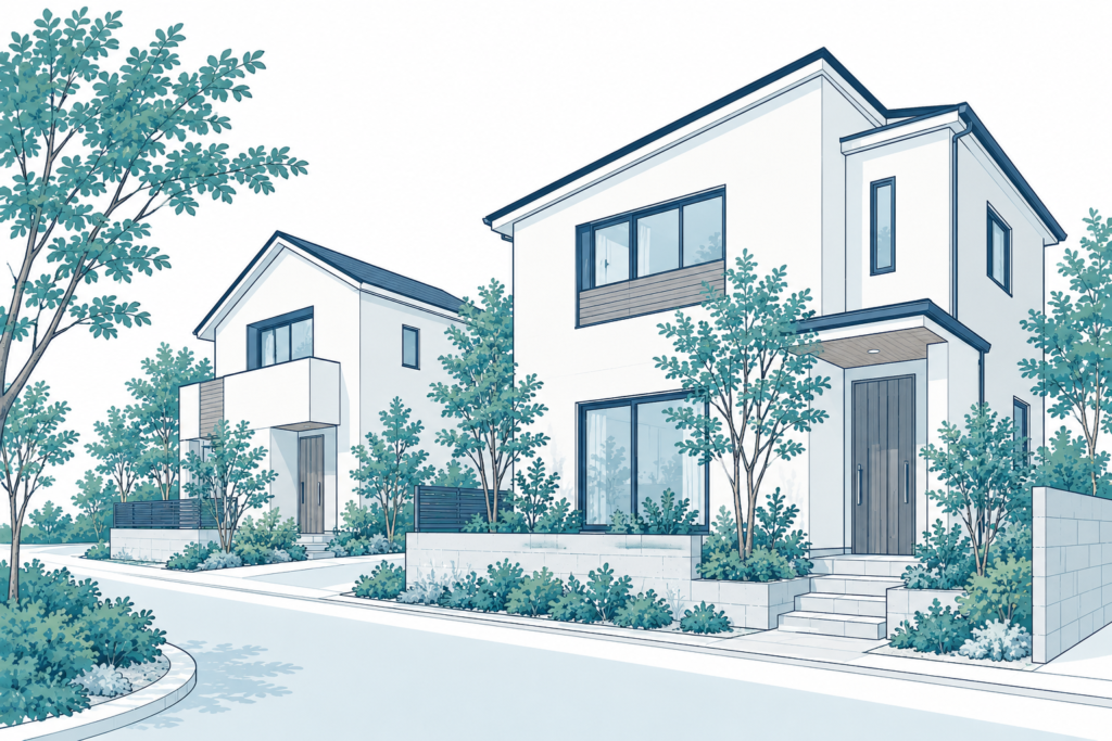 戸建て住宅と緑のある道を描いた不動産売買のイメージイラスト