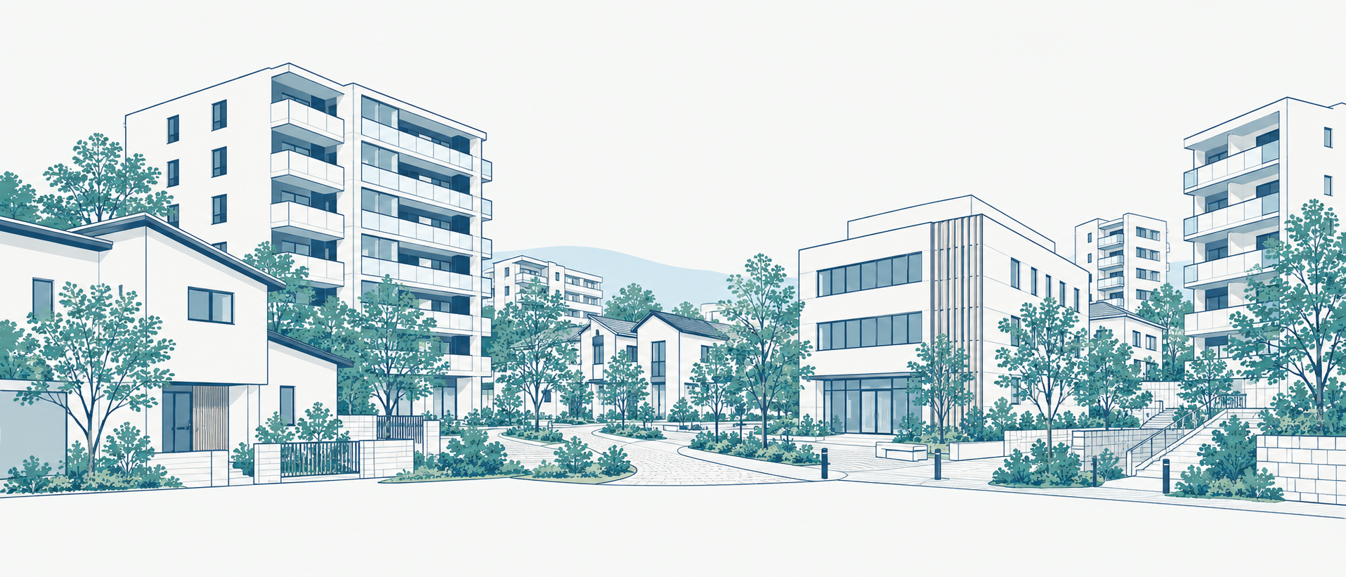 集合住宅・戸建て・事務所が緑の道でつながる街並みのイメージイラスト